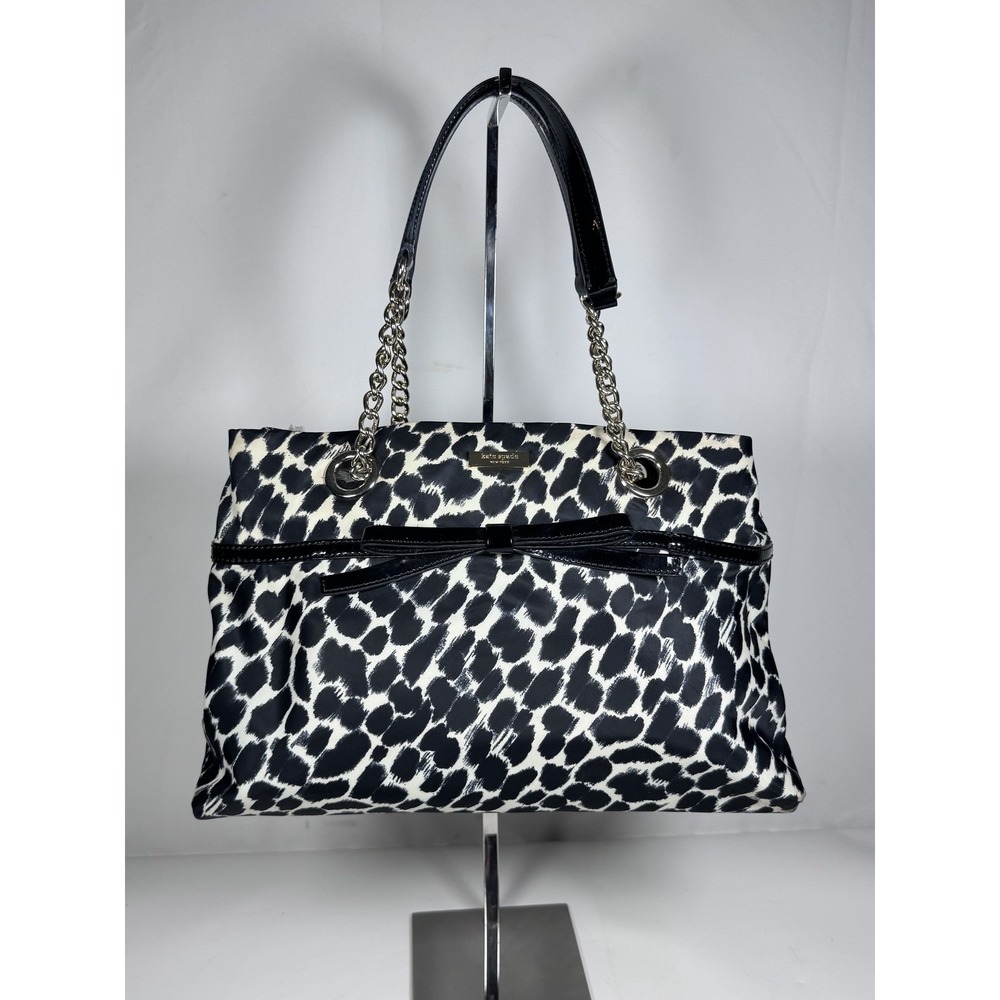 Kate Spade Black White Spotted Nylon Patent Leather Bow Chain Tote Bag Purse